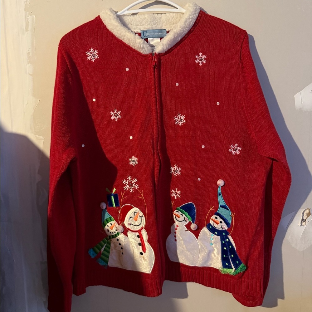 Classic Elements Festive Red Cardigan with Snowman Design